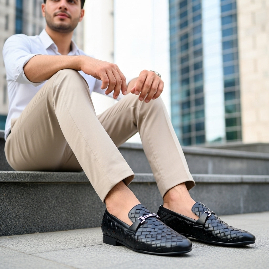 Woven Black Leather Loafer Premium Quality All Season Shoe