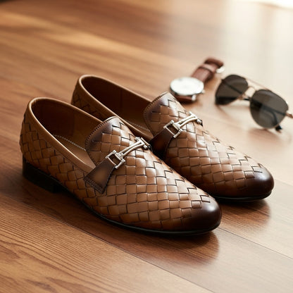Woven Brown Leather Loafer | Premium Quality | All Season Shoe