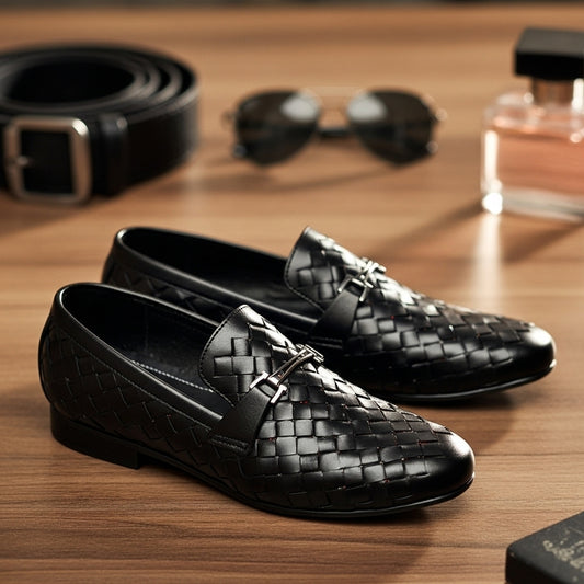 Woven Black Leather Loafer | Premium Quality | All Season Shoe