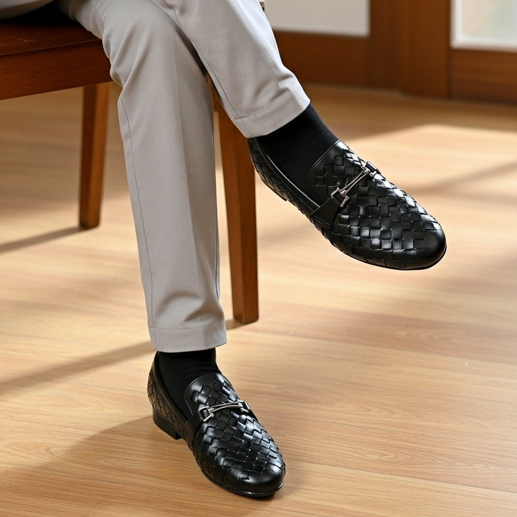 Woven Black Leather Loafer | Premium Quality | All Season Shoe