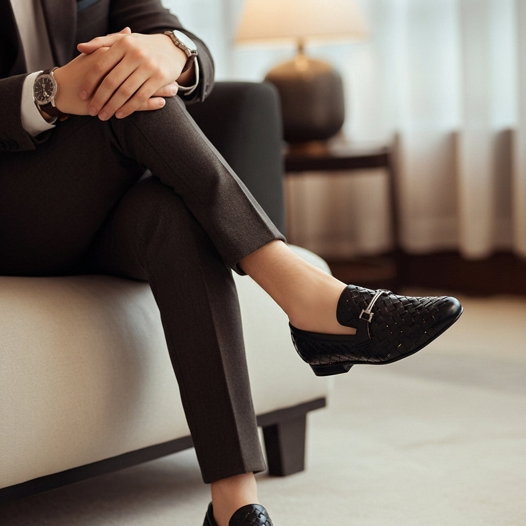 Woven Black Leather Loafer | Premium Quality | All Season Shoe