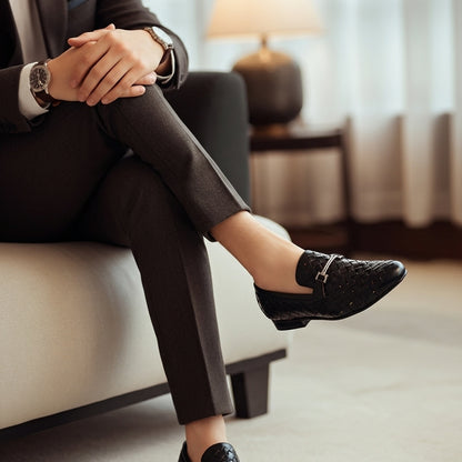 Woven Black Leather Loafer | Premium Quality | All Season Shoe